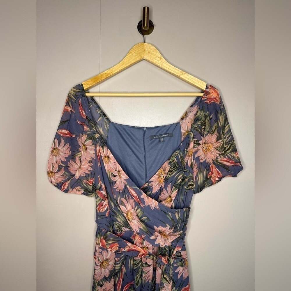 Julia Jordan Floral Midi Dress Wedding Guest Cottagecore Wrap Blue Pink Size 10 - Picture 3 of 9